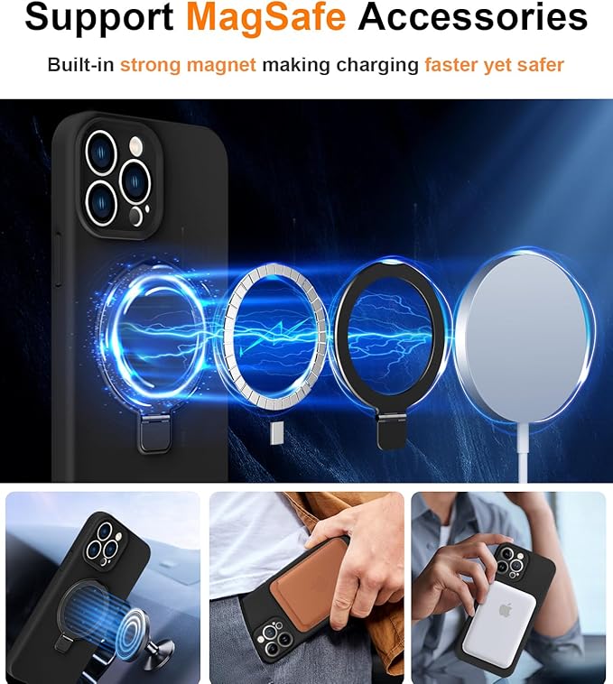 ZHK Liquid Silicone Designed for iPhone 14 pro Case with Magnet Stand, [Precise Camera Lens Protection][Mil-Grade Drop Shockproof][Soft Anti-Scratch Microfiber Lining] Slim Fit Cover, Black