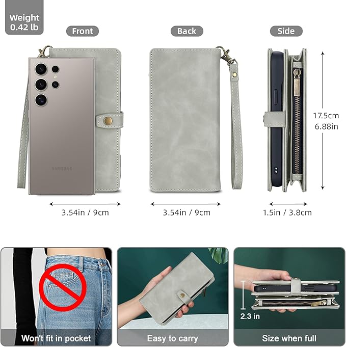 TwoHead for Samsung Galaxy S24 Ultra Wallet Case with Card Holder & Detachable Magnetic Phone Case for Galaxy S24 Ultra,PU Leather Shockproof Protective Phone Cover Wallet(6.8 in,Gray)