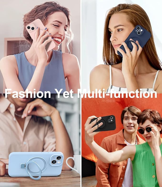 ZHK Liquid Silicone Designed for iPhone 14 Plus Case with Magnet Stand, [Precise Camera Lens Protection][Mil-Grade Drop Shockproof][Soft Anti-Scratch Microfiber Lining] Slim Fit Cover, Navy Blue