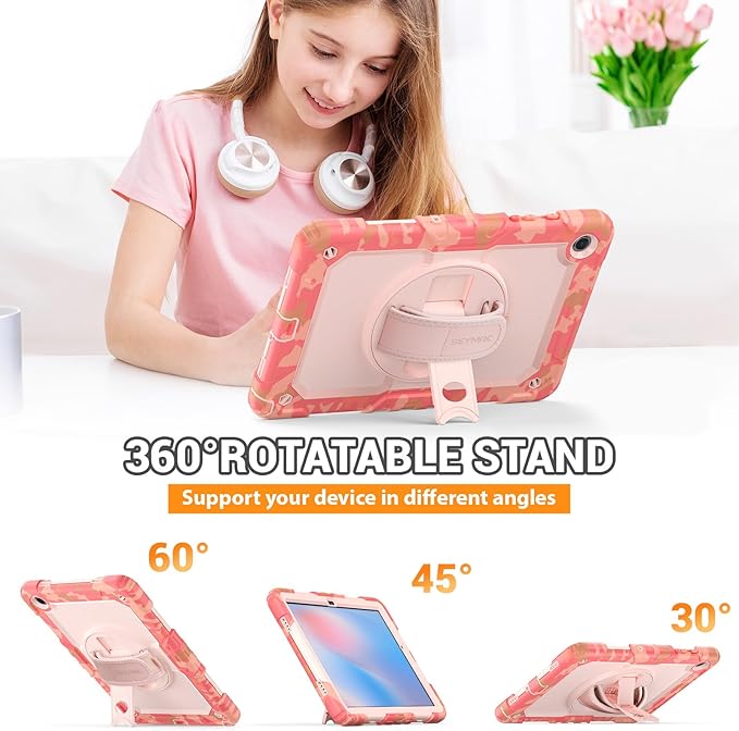 SEYMAC Case for Samsung Galaxy Tab A9+/ A9 Plus 11" (SM-X210/X216/X218), Heavy Duty Shockproof Protective Case with Screen Protector, Rotating Stand, Hand/Shoulder Strap, Multicolor/Pink