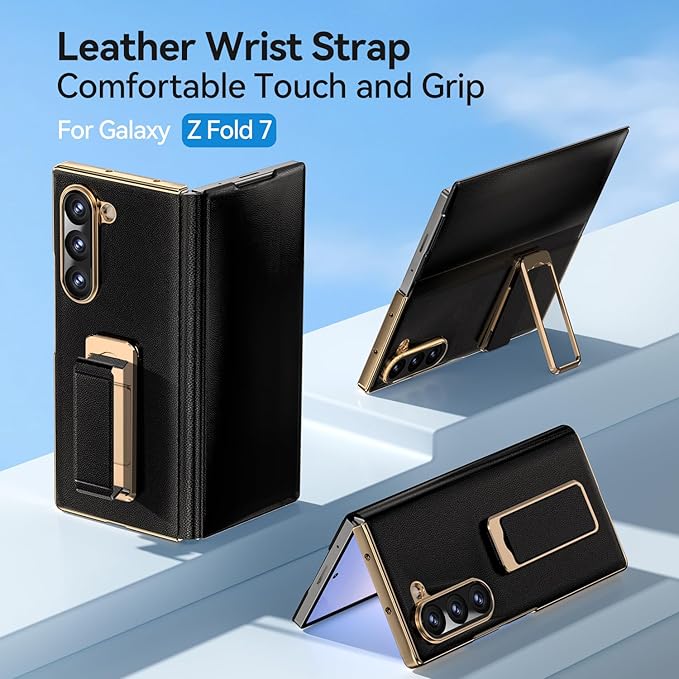 for Samsung Galaxy Z Fold 7 Case with Kickstand,【Military Grade Drop Protection】【Hinge Protection with Camera Cover】, Full Body Cover Shockproof Phone Case for Z Fold 7 Leather Case, Black