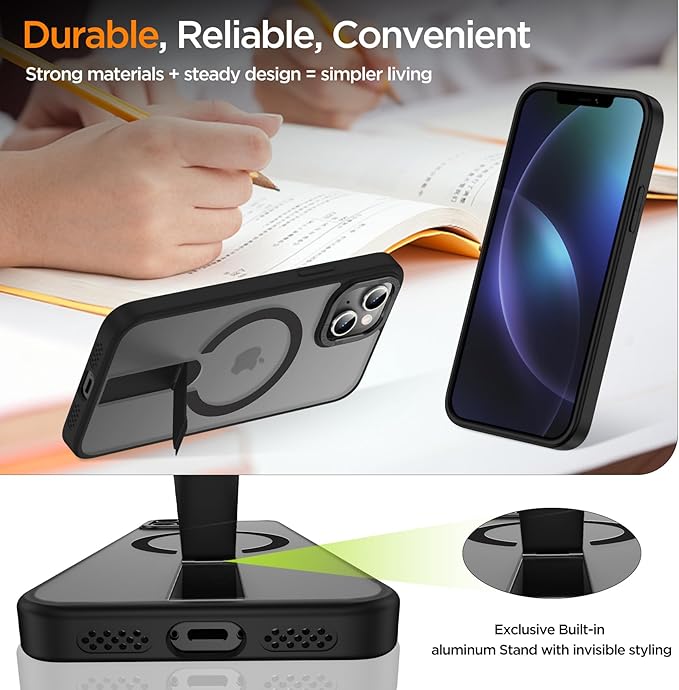 for iPhone 13 Case with Kickstand, [Invisible Stand] Compatible with MagSafe, Anti-Slip Shockproof Military-Grade Protection, Magnetic Slim Translucent Phone Case for iPhone 13 Cover (Black)