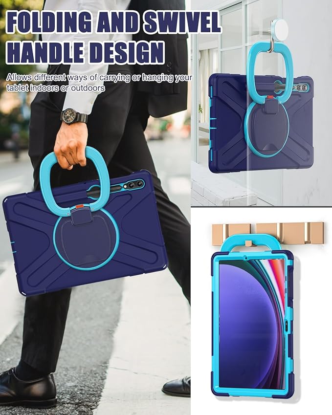 BRAECN Case for 12.4” Samsung Galaxy Tab S10+/ S9 FE+/ S9+/ S8+/ S7 FE/S7+ Plus, Rugged Silicone Cover w/S Pen Holder, Screen Protector, Handle Grip/Kickstand, Shoulder Strap, Navy Blue