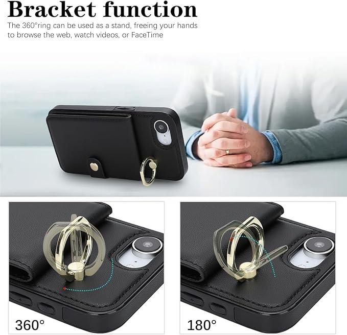 Compatible iPhone 16e Wallet Case with Card Holder RFID Blocking PU Leather Doubles as a Wallet Unisex Flip Shockproof Protection with Card Slots Ring Wrist Kickstand Function,Black