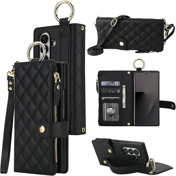 KIHUWEY for Galaxy Z Fold 7 Wallet Case with Card Holder Premium Leather Magnetic RFID Blocking Shockproof Zipper Wrist Strap Lanyard Cover for Samsung Galaxy Z Fold 7 8.0 Inch (Black)