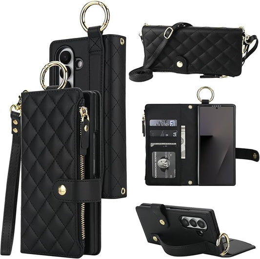 KIHUWEY for Galaxy Z Fold 7 Wallet Case with Card Holder Premium Leather Magnetic RFID Blocking Shockproof Zipper Wrist Strap Lanyard Cover for Samsung Galaxy Z Fold 7 8.0 Inch (Black)