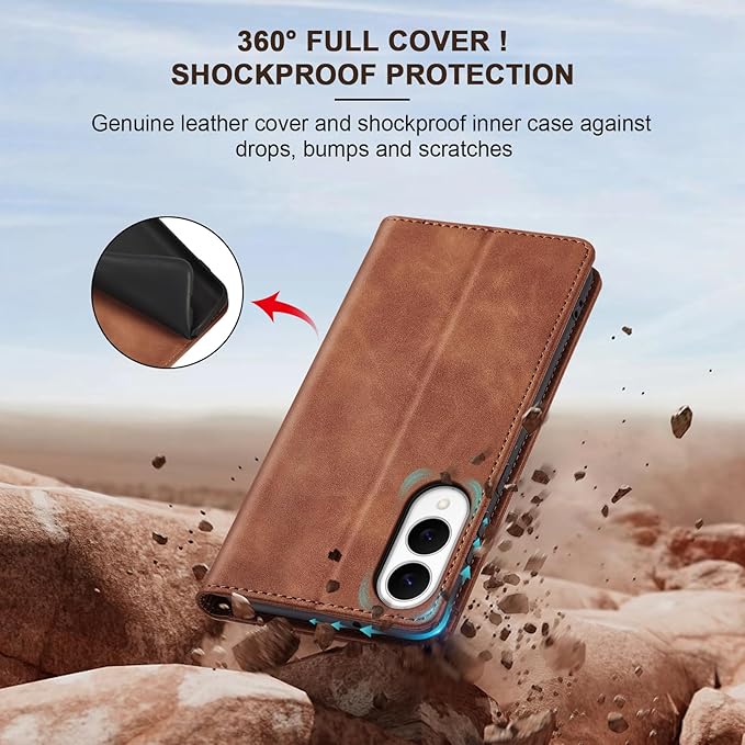 Jasonyu Flip Wallet Case for Samsung Galaxy S25 Edge 5G,Leather Magnetic Folio Cover with Card Holder,Kickstand - TPU Shockproof Durable Protective Phone Case,Brown