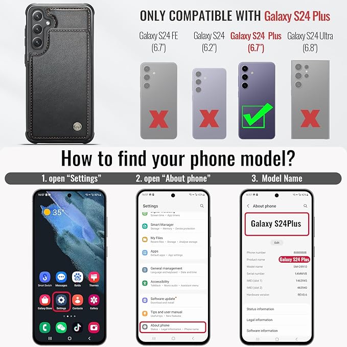 Vinich for Samsung Galaxy S24 Plus Wallet Case with Card Holder, RFID Blocking Credit Slots Kickstand Shockproof Phone Cover for Women Men, Black