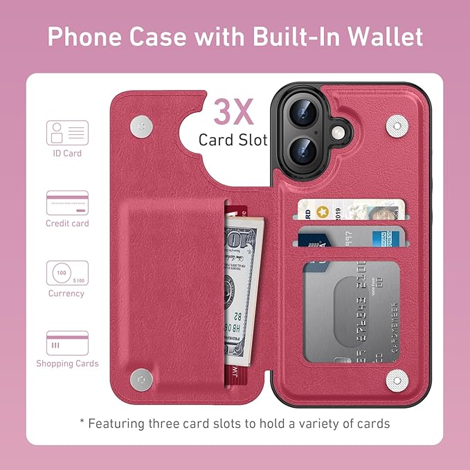 FUNMIKO for iPhone 16 Wallet Case with Card Holder, RFID-Blocking, Military-Grade Protection & UV-Printed Artwork, Magnetic Closure with Leather Kickstand - Hot Pink