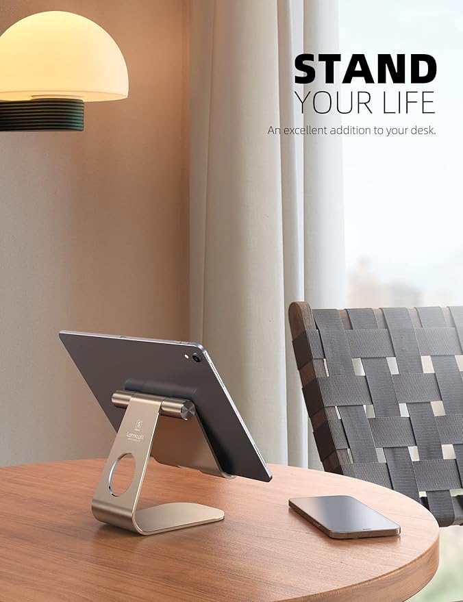 Lamicall Tablet Stand, Adjustable Tablet Holder - Desktop Stand Dock Holder Compatible with 4-13" Tablets Such as iPad Pro 11, 9.7, 10.5, 12.9 Air Mini, Kindle, Tab, iPhone Air 17 Pro Max, Gold