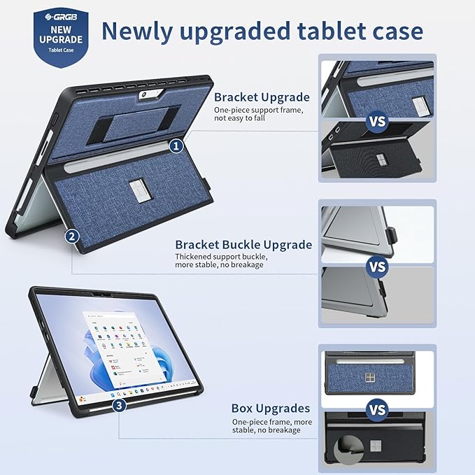 SSSGRGB Case fit Microsoft Surface Pro 11/10/9/8 13-Inch, with Stent Cover, Hand Strap, All-in-one Rugged Case Compatible with Type Cover Keyboards, Navy Blue