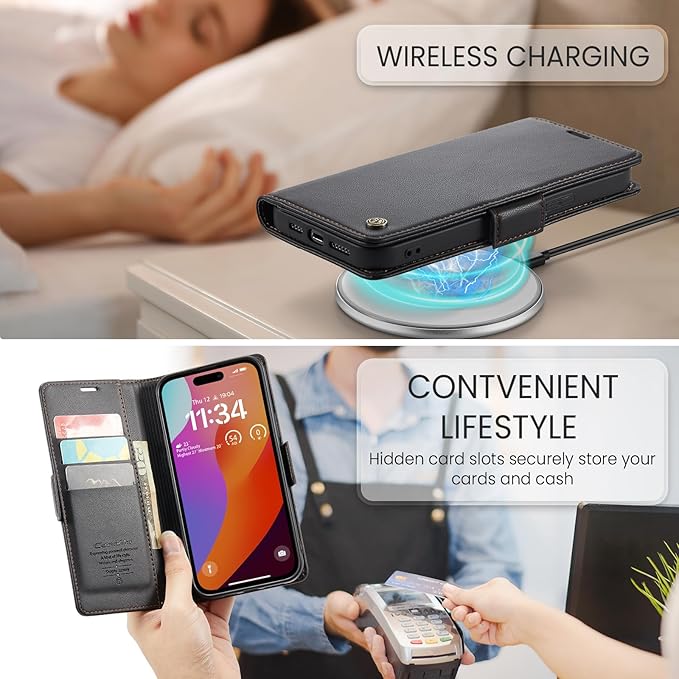 SINIANL Compatible with iPhone 15 Pro Max Wallet Case with RFID Blocking for Women Men Card Holder Magnetic Clasp Kickstand Leather Folio Case for iPhone 15 Pro Max Black