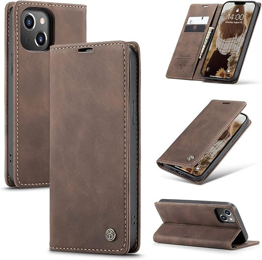 for iPhone 13 Case, Flip Wallet Leather Case with Card Holder Magnetic Closure Shockproof Kickstand Protective Phone Cases Cover for iPhone 13, Coffee