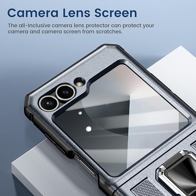 VEGO for Z Flip 6 Case, Samsung Galaxy Flip 6 Case with 360° Rotatable Ring Kickstand & Belt Clip Holster & 9H HD Tempered Glass Camera Screen Protector & Hinge Protection, Shockproof Case - Grey