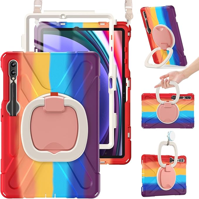 BRAECN Case for Samsung Galaxy Tab S10+/S9 FE+/S9+ 12.4” SM-X820/X610, Heavy Duty Silicone Cover w/Screen Protector/S Pen Holder/Kickstand/Shoulder Strap for Galaxy Tab S8+/S7 FE/S7+, Colorful Red