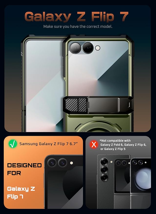 SUPCASE for Samsung Galaxy Z Flip 7 Case with Stand & Front Screen Protector (Unicorn Beetle Grip), [Support MagSafe] [Hinge Protection] Full Body Military-Grade Rugged Back Phone Cover, Guldan