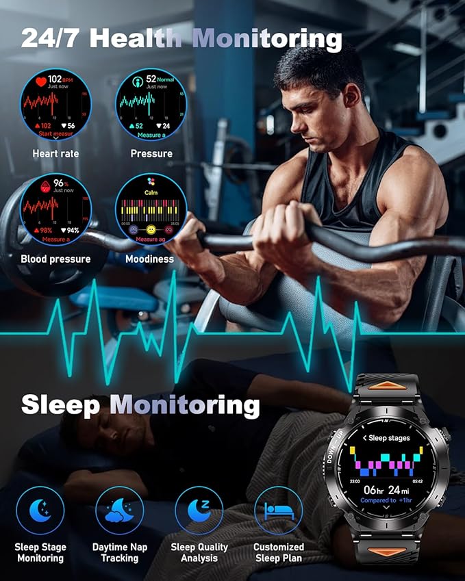 GPS Military Smart Watch for Men with Bluetooth Call, 1.43" AMOLED Waterproof Fitness Tracker with Heart Rate/Sleep Monitor/Flashlight, 170+ Sports Modes, 730mAh Battery for Android/iOS