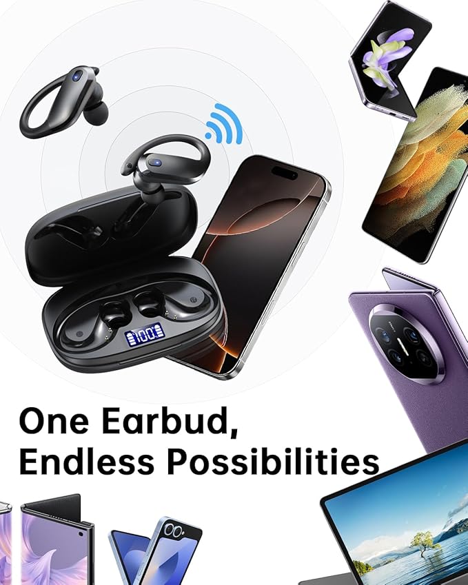 NDO Wireless Earbuds Bluetooth 5.3 Headphones Sport,IPX7 Waterproof Sports Earphones with Earhooks,48H Playtime,Lightweight 7.8g,Fast Charging Case,Noise Cancelling Mic for Running Gym Workout-Black