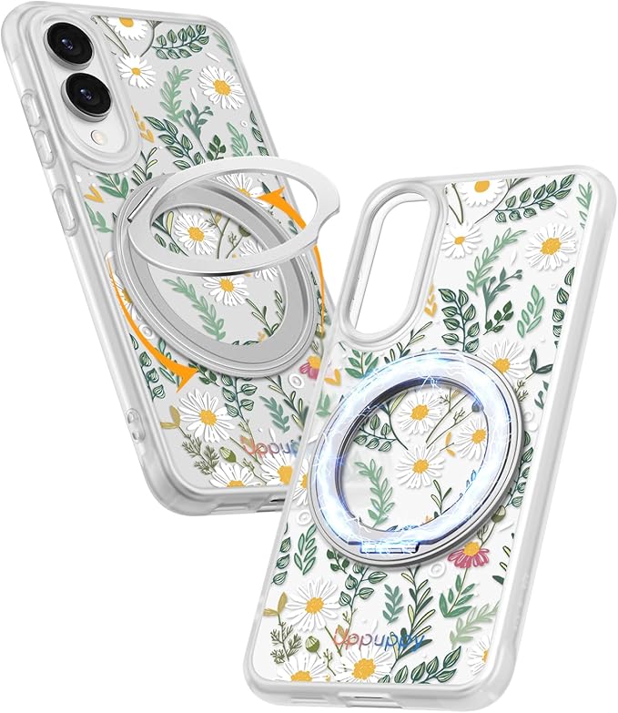 for Samsung Galaxy S25 Edge Case with 360° Rotatable Magnetic Ring - Compatible with MagSafe, Semi-Transparent Soft-Touch Material Shockproof, Cute Daisy Flower Design for Women Girl