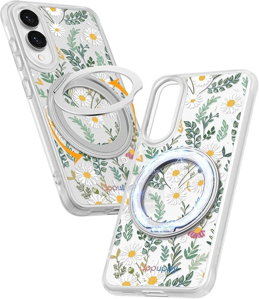for Samsung Galaxy S25 Edge Case with 360° Rotatable Magnetic Ring - Compatible with MagSafe, Semi-Transparent Soft-Touch Material Shockproof, Cute Daisy Flower Design for Women Girl