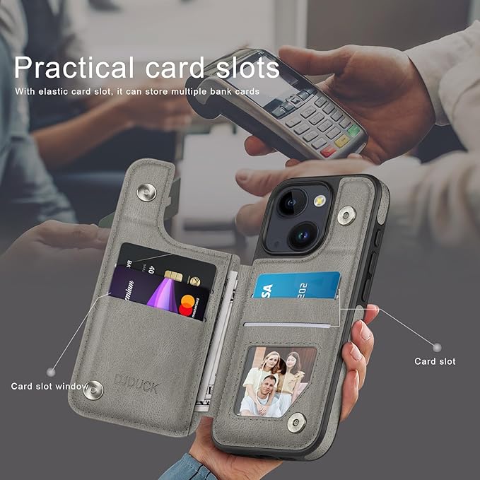 DJDUCK Designed for iPhone 14 Case Wallet with Card Holder, [Magnetic Clasp Cover] [RFID Blocking Leather Protection] Shockproof Women Men Cases 6.1 Inch for Apple 14 Grey