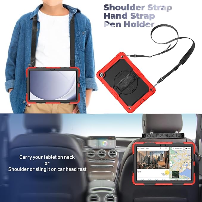 BLOSOMEET Case for Samsung Galaxy Tab A9 Plus with Tempered Glass Screen Protector Shoulder Strap Pencil Holder,Red