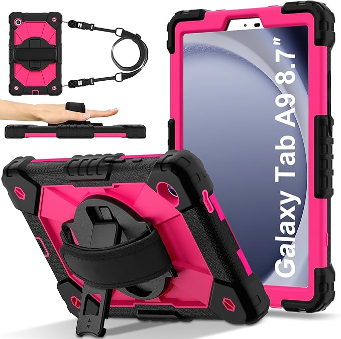 for Samsung Galaxy Tab A9 Case 8.7 inch (SM-X110/X115/X117), Heavy Duty Shockproof Silicone Cover Rugged 360 Stand Hand Shoulder Strap for Galaxy A9 Tablet, Black/Rose Red