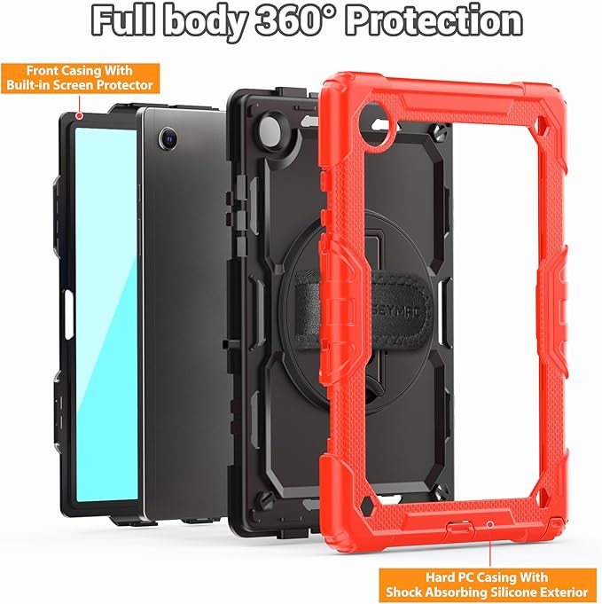 SEYMAC for Samsung Galaxy Tab A8 Case 10.5 Inch (SM-X200/ X205/ X207), Heavy Duty Full-Body Shockproof Protective Case with Screen Protector, Rotating Stand, Hand/Shoulder Strap and Pen Holder, Red