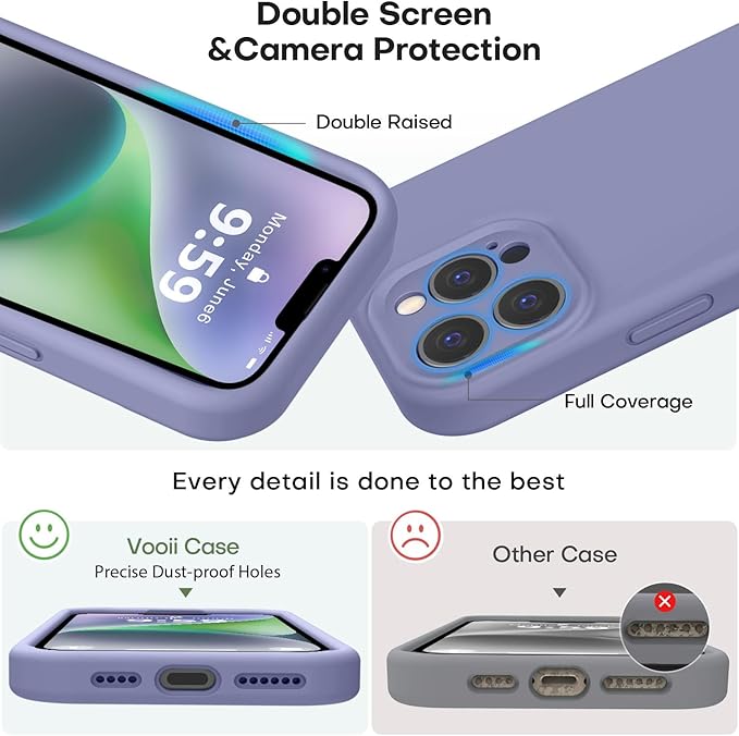 Vooii Compatible with iPhone 13 Pro Max Case, Liquid Silicone Upgrade [Camera Protection] [Soft Anti-Scratch Microfiber Lining] Shockproof Phone Case for iPhone 13 Pro Max 6.7 inch - Lavender Grey