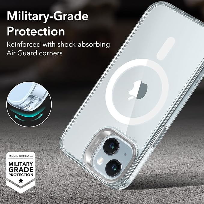 ESR for iPhone 15 Case, Compatible with MagSafe, Military-Grade Protective Case, Built-in Stash Stand Phone Case, Scratch-Resistant Back Cover, Classic Series, Clear Blue