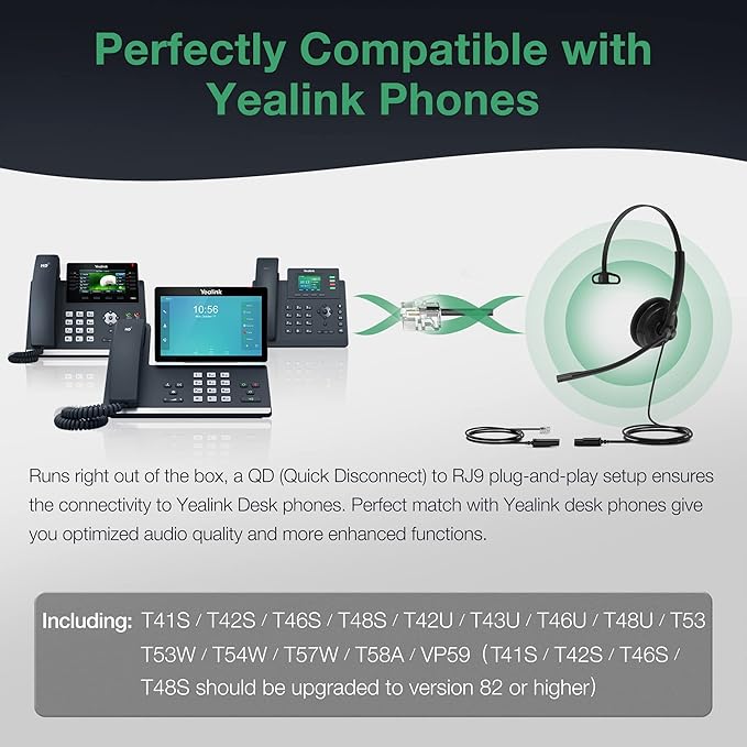 Yealink Phone Headsets for Office Phones YHS34 Lite QD to RJ9 Wired Headset Compatible with Poly Snom Grandstream Phones Desk Landline Headset with Microphone -Mono/72g/2.1m Cable