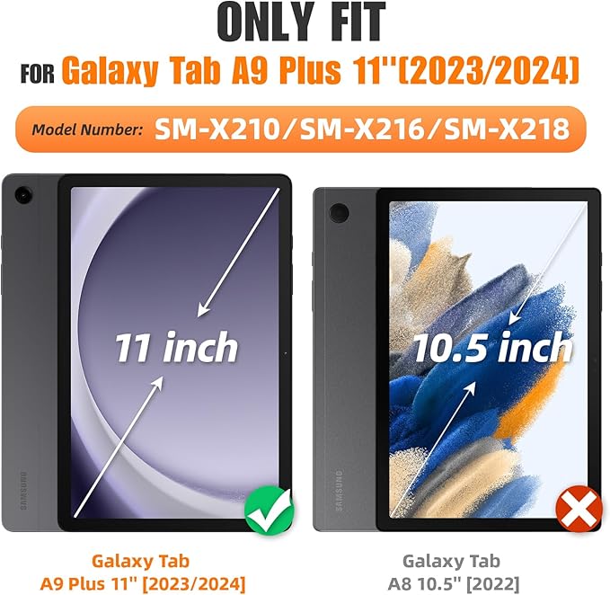 SEYMAC stock Case for Samsung Galaxy Tab A9+ Plus 11'', Full-Body Drop Protection Case with Screen Protector Pencil Holder [360° Rotating Hand Strap] &Stand, Black