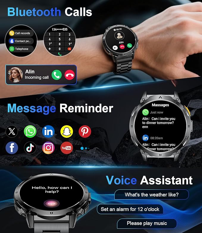 Smart Watches for Men Answer/Make Call, 1.62" AMOLED/730mAh Battery/LED Flashlight Military Smartwatch, 110+ Sports Modes IP68 Waterproof Fitness Tracker for Android iOS Black