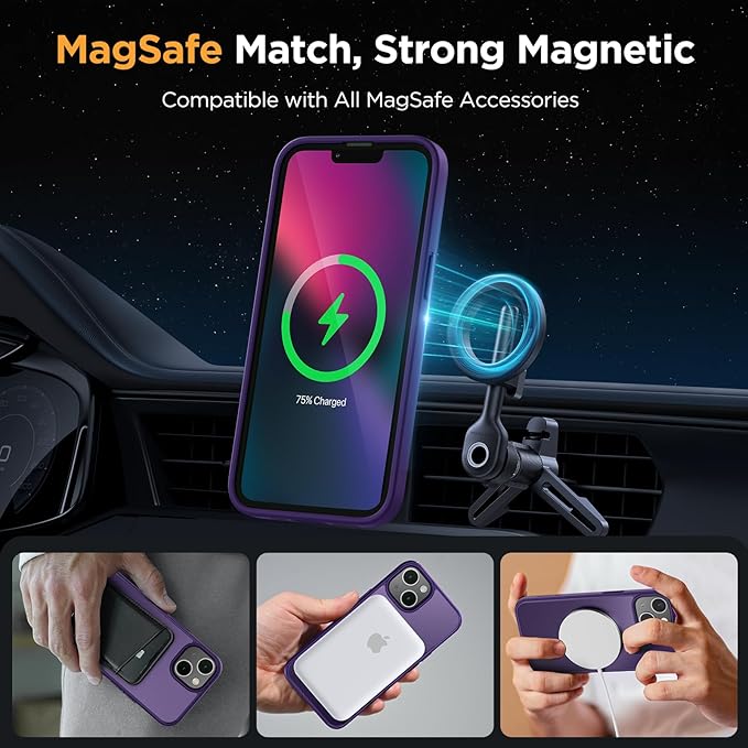 Miracase Magnetic for iPhone 13 Case 6.1 inch (Compatible with MagSafe)（with 2X Screen Protectors） Military-Grade Protection, Anti-Fingerprint Translucent Matte Phone Case Cover, Dark Purple