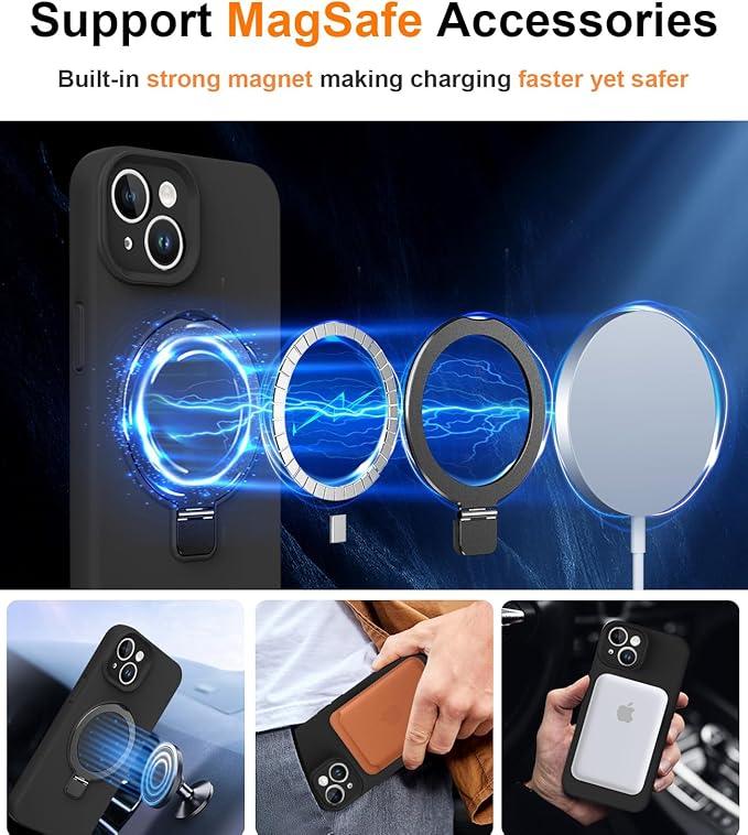 ZHK Liquid Silicone Designed for iPhone 15 Plus Case with Magnet Stand, [Precise Camera Lens Protection][Mil-Grade Drop Shockproof][Soft Anti-Scratch Microfiber Lining] Slim Fit Cover, Black