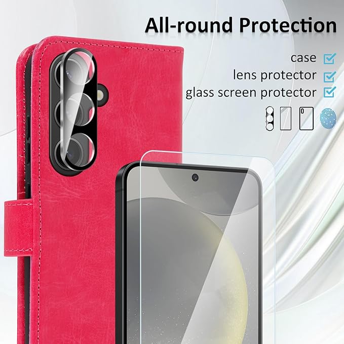 MONASAY Wallet Case Fit for Samsung Galaxy S24 5G, [Lens & Glass Screen Protector Included] [RFID Blocking] Flip Folio Leather Cell Phone Cover with Credit Card Holder, 6.2 inch, Hot-Pink