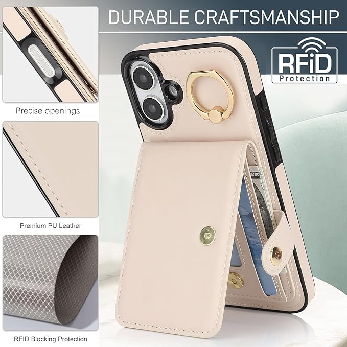 Compatible iPhone 16 Plus Wallet Case with Card Holder RFID Blocking PU Leather Doubles as a Wallet Unisex Flip Shockproof Protection with Card Slots Ring Wrist Kickstand Function,White