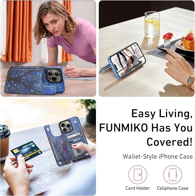 FUNMIKO for iPhone 15 Pro Wallet Case with Card Holder, RFID-Blocking, Military-Grade Protection & UV-Printed Artwork, Magnetic Closure with Leather Kickstand - Dreamy Wishing Tree