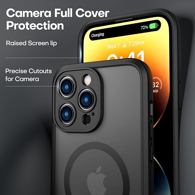 ImpactStrong Magnetic Guard Designed for iPhone 14 Pro Max Case [Camera Protection] [Military Grade Drop Tested] [Compatible with MagSafe] Slim Translucent Matte Phone Case (6.7") - Black
