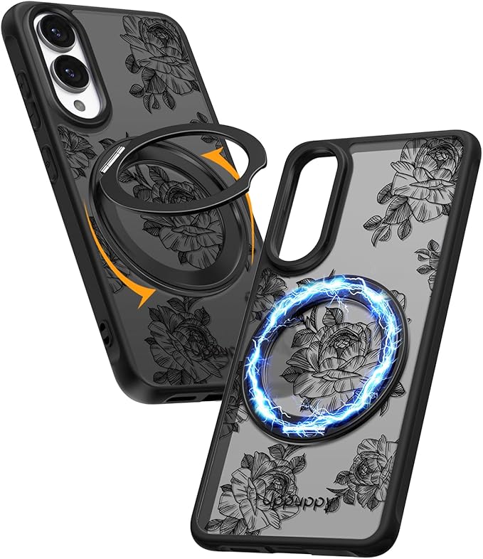 for Samsung Galaxy S25 Edge Case with 360° Rotatable Magnetic Ring - Compatible with MagSafe, Semi-Transparent Soft-Touch Material Shockproof, Cute Line Art Flower Design for Women Girl