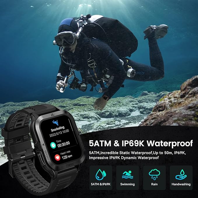 AMAZTIM Smart Watch, 60 Days Extra-Long Battery, 50M Waterproof, Rugged Military Bluetooth Call(Answer/Dial Calls), 1.85" Ultra Large HD Display, AI Voice Assistant, Compatible for Android and iOS