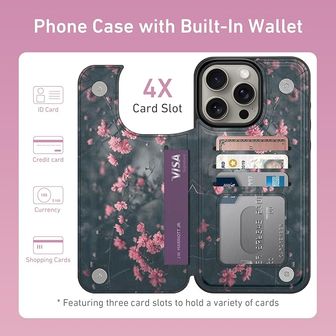 FUNMIKO for iPhone 13 Pro Max Wallet Case with Card Holder, RFID-Blocking, Military-Grade Protection & UV-Printed Artwork, Magnetic Closure with Leather Kickstand - Mystic Blooming Plum