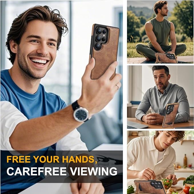 for Galaxy S25 Ultra Leather Case, Built-in Foldable Alloy Stand, with Camera Lens and Screen Protector, Slim Shockproof Kickstand Phone Cover 2025 (Brown)