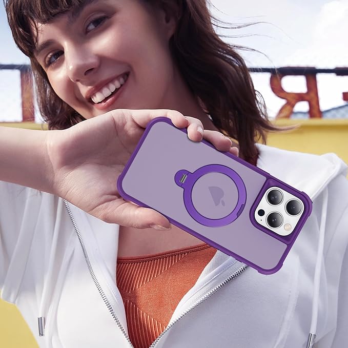 Compatible with iPhone 16 Pro Case with Invisible Magnetic 360°Spin Stand,Military-Grade Shockproof Protection [Compatible with Mag-Safe] Non-Slip Edge Translucent Case (6.3",Purple)