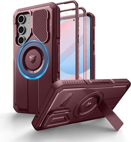 Dexnor for Samsung Galaxy S24 FE Case with Camera Cover & Adjustable Kickstand & Built-in Screen Protector, Magnetic Rugged Shockproof Bumper Cases Heavy-Duty Magnetic Protective Cover,Maroon Red