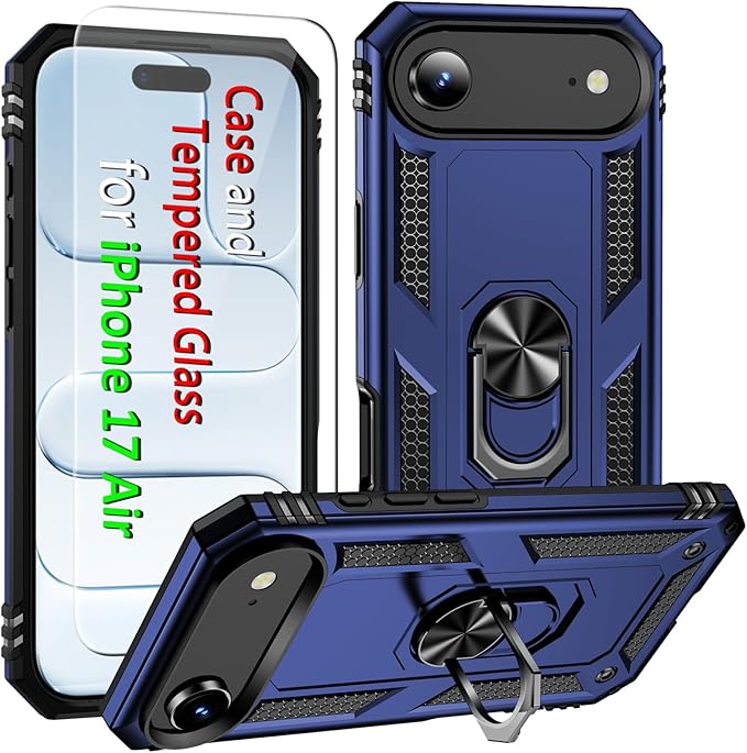 ADDIT Compatible with iPhone 17 Air Case with Tempered Glass Screen Protector, Adjustable Kickstand Ring, Military-Grade Heavy Duty Protection, Shockproof, Anti-Fingerprint,Blue