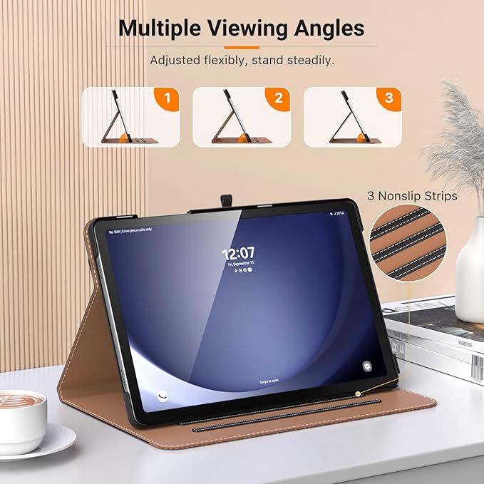 MoKo Case for Samsung Galaxy Tab A9 Plus 11" 2023 (SM-X210/SM-X216/SM-X218), PU Leather Multi-Angle Viewing Folding Stand Cover Case with Hand Strap, Front Pocket, Auto Wake/Sleep, Demin Black & Brown