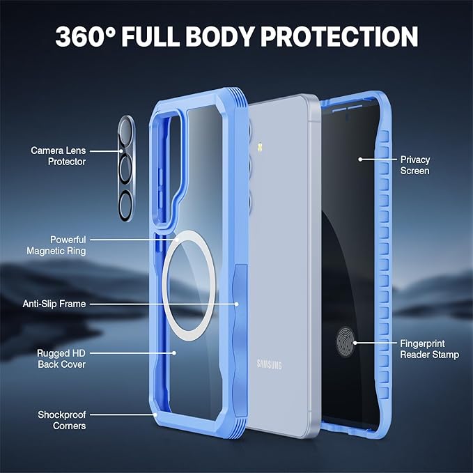 CENHUFO Magnetic Privacy for Samsung Galaxy S24 Case, Full Body Phone Case with Built-in Privacy Screen Protector and Camera Lens Protector, Anti Peep Shockproof Bumper Clear Protective Cover -Blue
