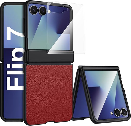 Leather Case for Samsung Galaxy Z Flip 7 | TPU Shockproof | Soft Nappa Leather | Magnetic Hinge Protection | Glass Screen Protector | Sleek Slim Fit | Wireless Charging | Durable Phone Cover | Red