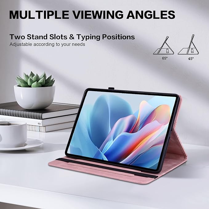 Case for Lenovo Idea Tab Pro 12.7 Inch 2025, Embossed Heart PU Leather Protective Tablet Case with Elastic Band & Card Slots/Holder, Multi-Angle Viewing Stand Cover ，Pink
